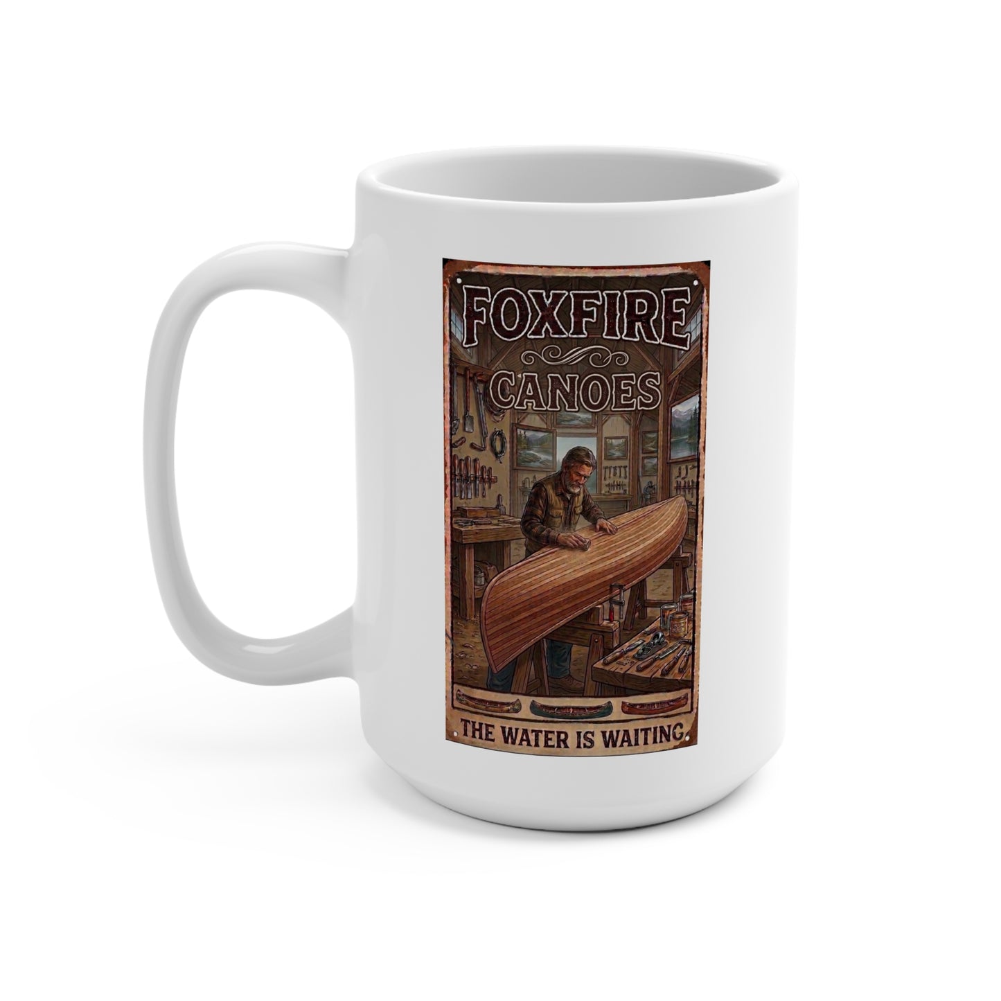 Rustic Deer Forest 15oz Ceramic Mug — Vintage Canoe Maker Coffee Cup