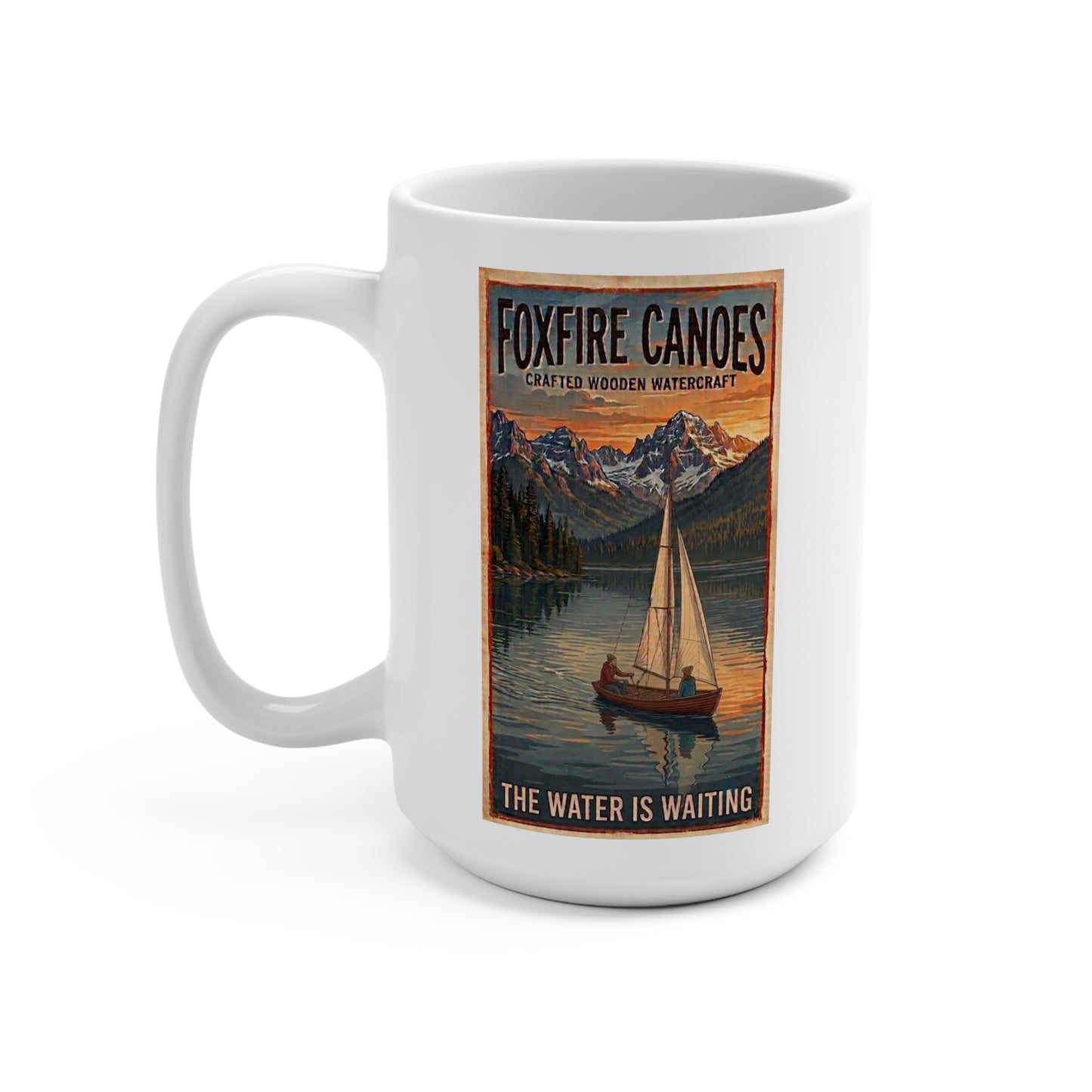 15oz Vintage Travel Poster Mug — Scenic Sunset Sailing Coffee Cup